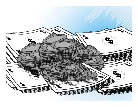 Poker chips with a pile of cash on top