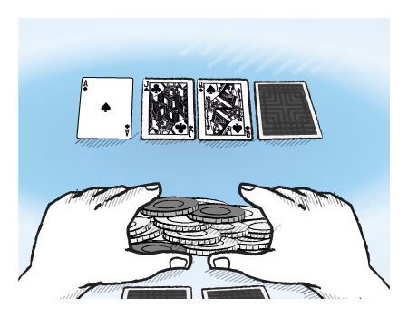 Poker player about to bet with poker chips in hand